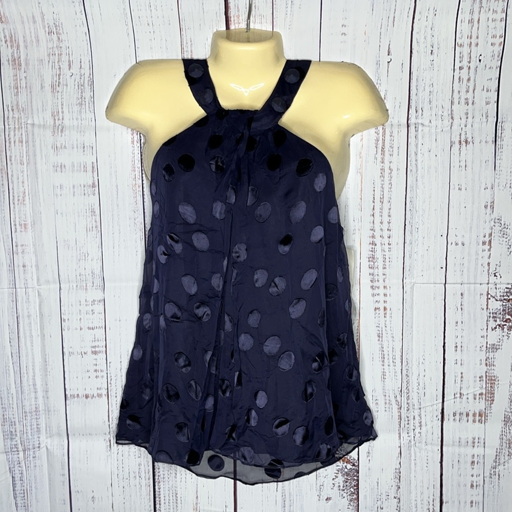 ECI New York NWT Size 14 Navy Blue Swiss Dot Silk Blend Halter Tank Top Blouse